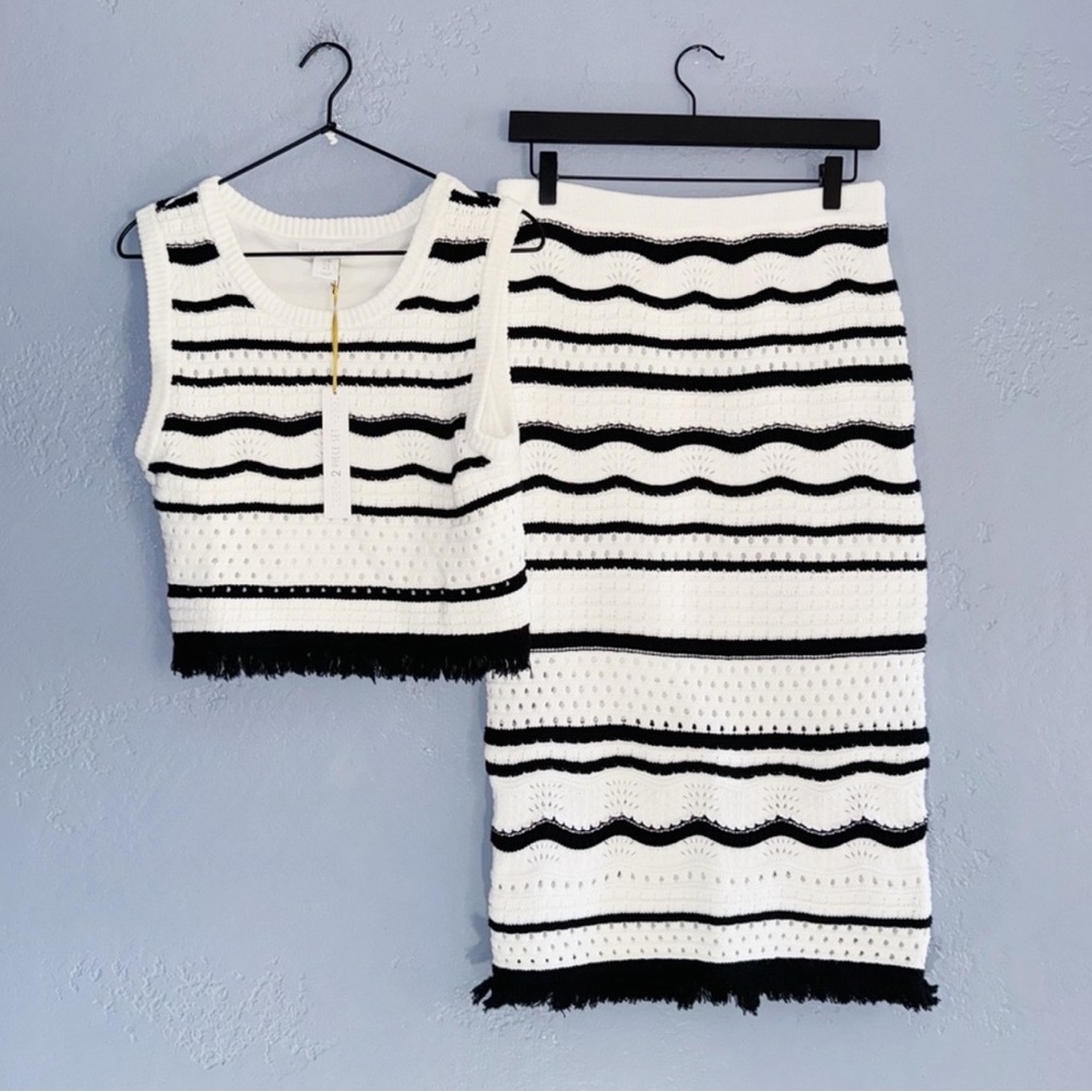 House of Harlow Pointelle and Fringe Knitted top Skirt Set Size Medium